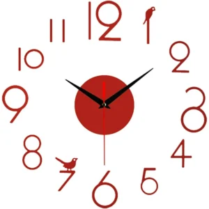 Frameless 3D Wall Clock Large Silent Mirror For Living Room - Red